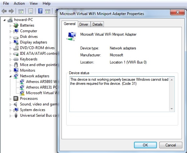 Microsoft virtual wifi miniport adapter windows 7